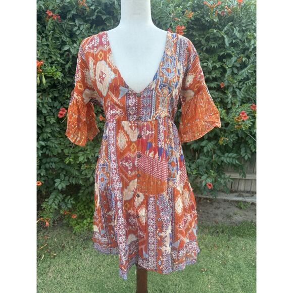 Anthropologie Raga Ruffle Mini Dress Floral Orange Gold Small Boho Plunge NEW‎ - Picture 1 of 6